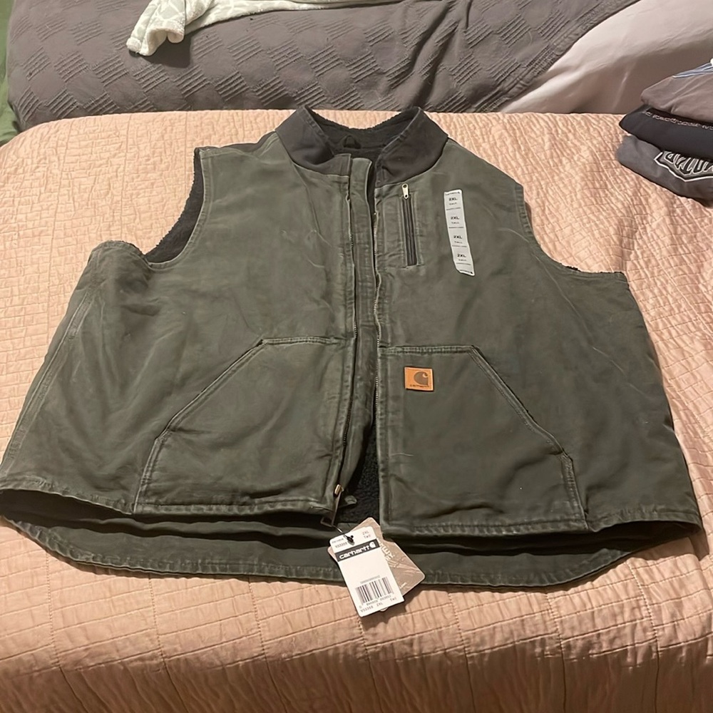 Carhartt Green Black Two Toned Canvas Sherpa Lined Vest Front Zip 2XL V33-355